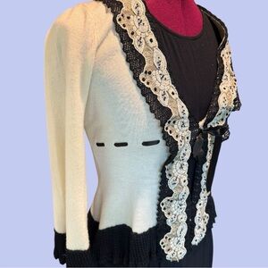 Nanette Lepore Black and Cream Cardigan with Lace Accents Y2K size XS